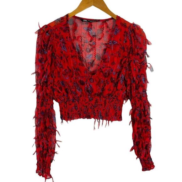 Red Floral Smocked Sheer Blouse Zara Fringing Cropped Top Long Sleeve Size XS - Picture 3 of 16